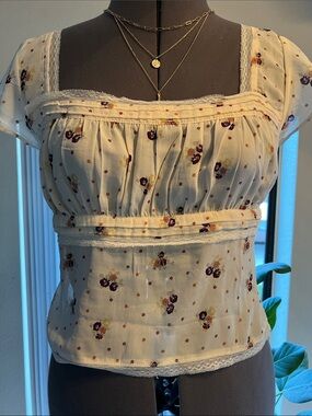 Free People Cream Floral Square-Neck Blouse